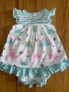 Little Millie Girls Dinosaurs Ruffle Romper Dress - Mint, Pink & White 18 months